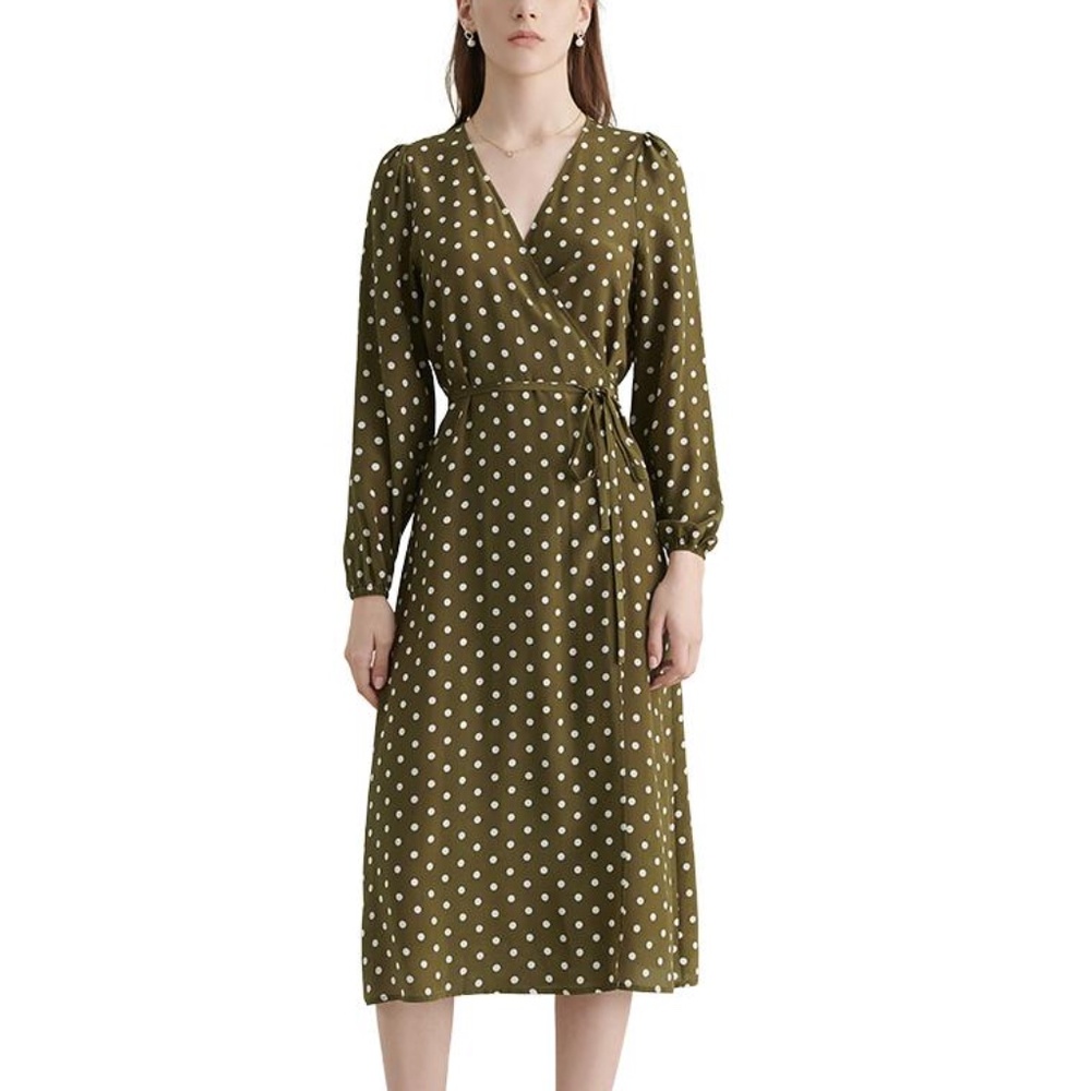 Lilysilk 100% Silk Polka Dot Wrap Midi Dress in Olive Green/White Sz L